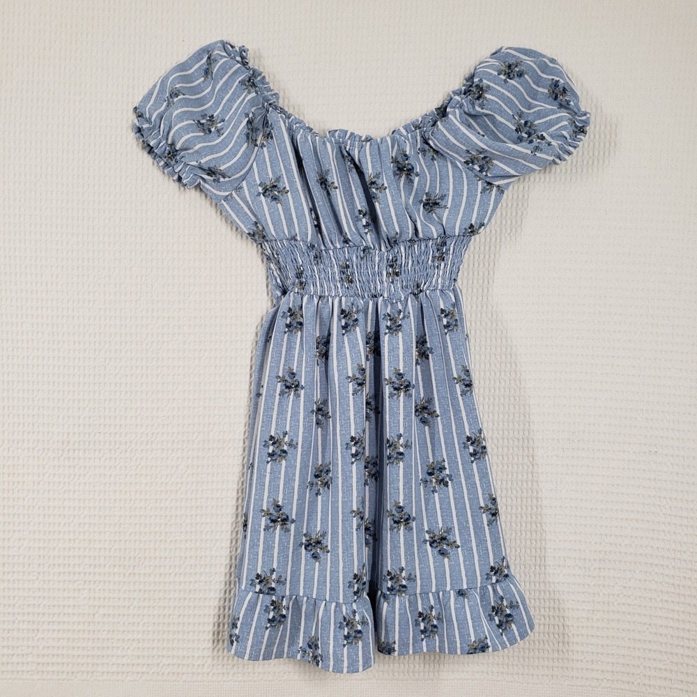 No Comment Floral Striped Dress Girls 14 Blue Smocked Puff Sleeve Cottagecore - Picture 12 of 13